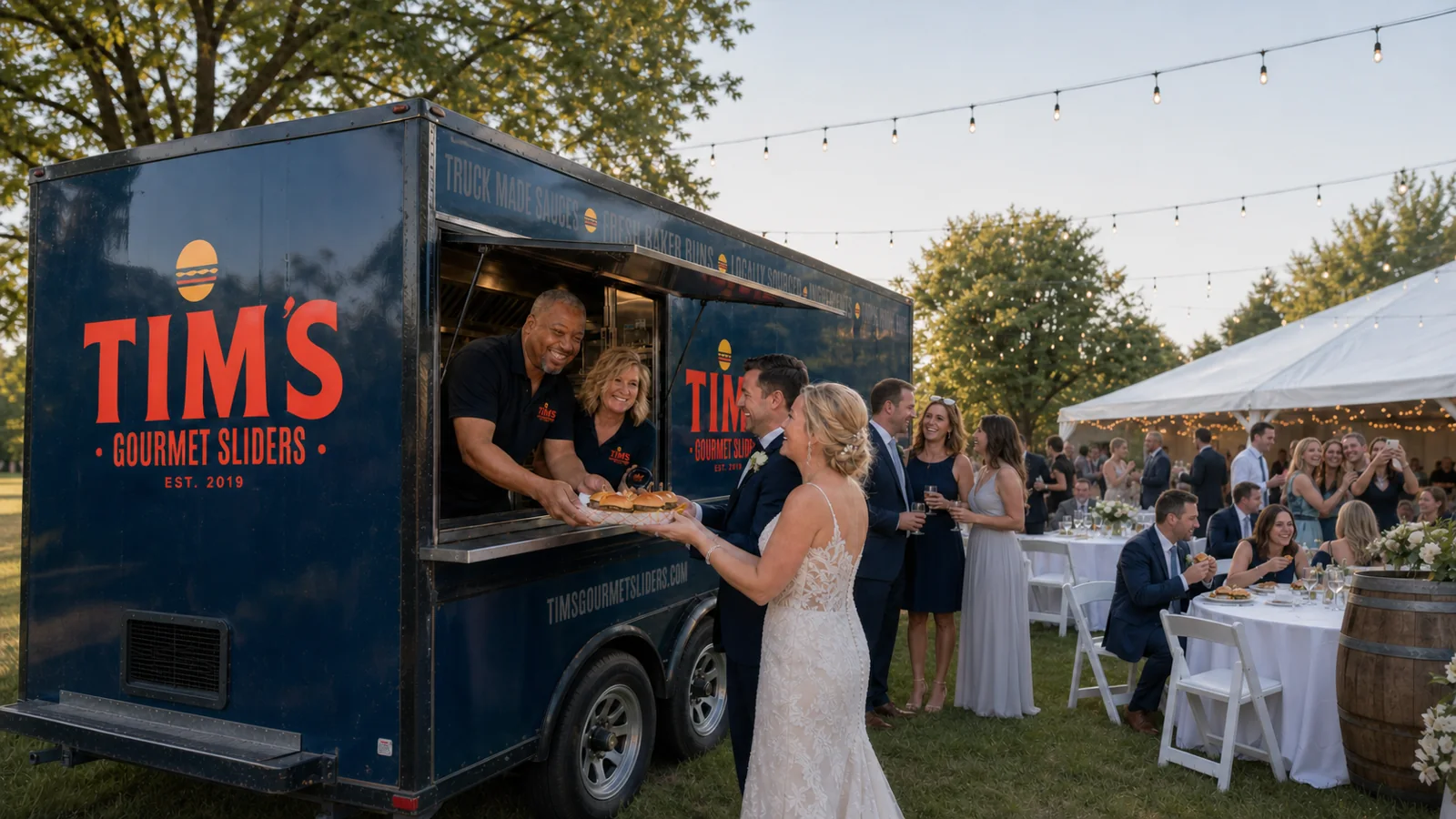 Tim's Gourmet Sliders truck serving a wedding reception on the lawn